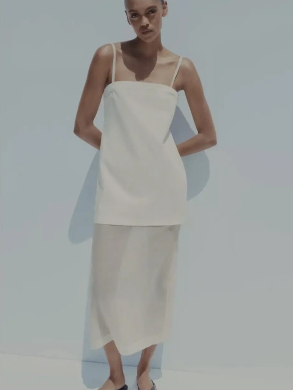 Zara Ivory Midi Dress With Straight Neckline And Sheer Hem Size L - Picture 2 of 8